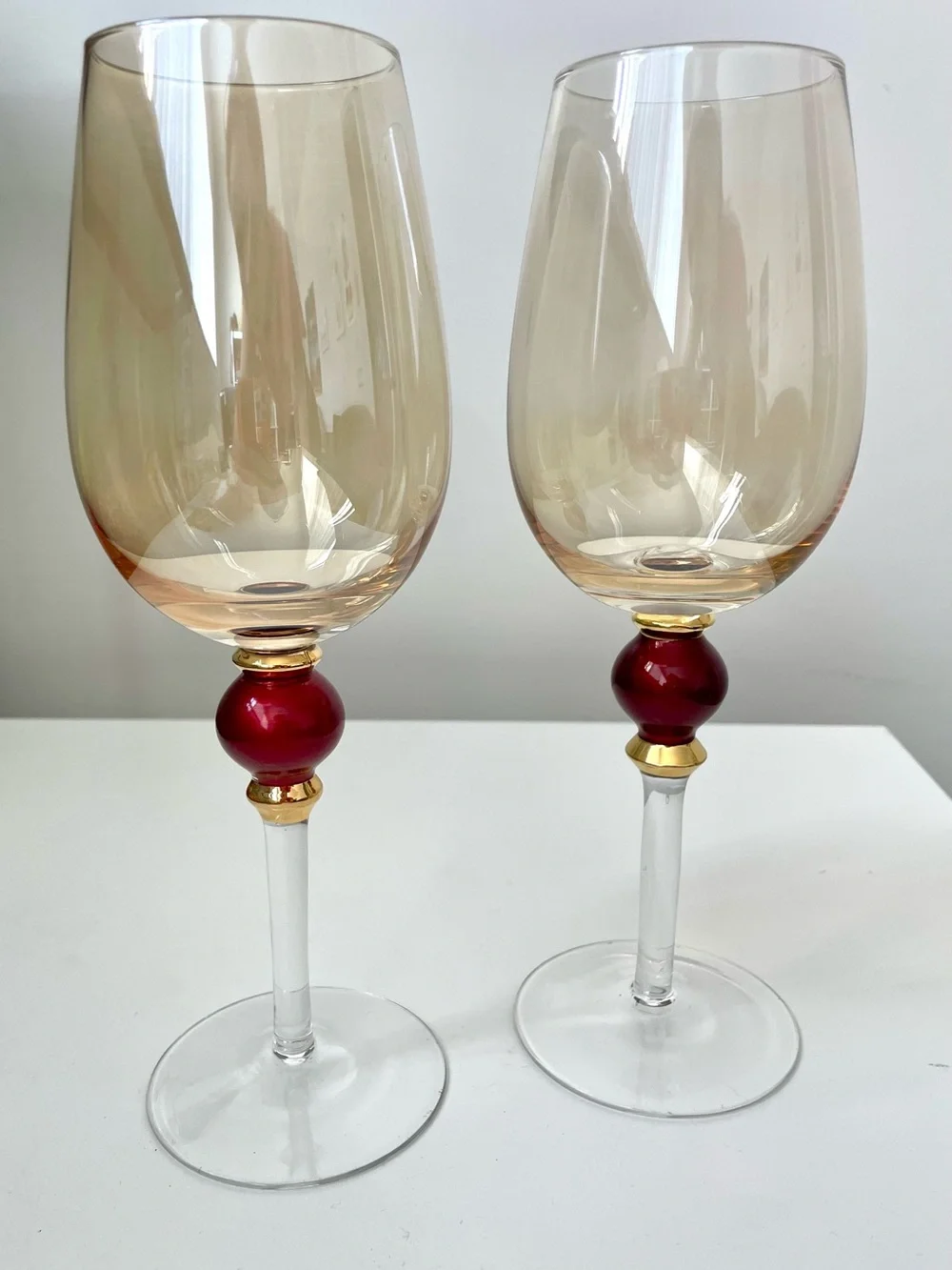 Pair of Pier 1 Amber Luster Red Ball Water Goblet Stem Wine Glass Handblown